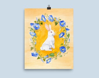 Bunny Watercolor Art Print: White Rabbit, Blue Flowers Nursery Decor