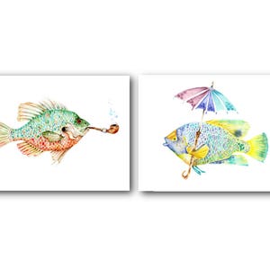 Watercolor Fish Set of 2 Art Prints of Original Watercolor Paintings - Fish Funny Bathroom Decor whimsical Scale Art orange green yellow