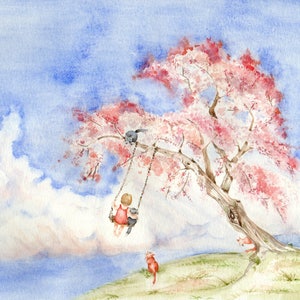 May include: A watercolor painting of a girl swinging on a swing under a pink flowering tree. The girl is wearing a red dress and the tree is against a blue sky with white clouds.