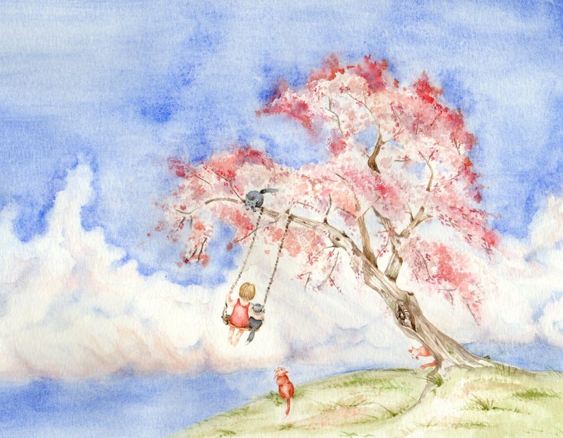 May include: A watercolor painting of a girl swinging on a swing under a pink flowering tree. The girl is wearing a red dress and the tree is against a blue sky with white clouds.