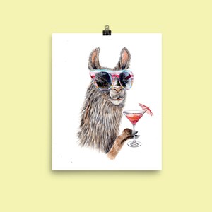 Vacation Llama - Art Print of watercolor painting - travel nature art alpaca nursery, martini, cottage, seaside, ocean, beach, tropical