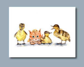 Odd One Out - Kunstdruck von Aquarell Malerei 8 x 10 Halloween süße Katze Kätzchen Kätzchen mit Enten Enten küken versteckt Freunde Baby Tiere Kindergarten