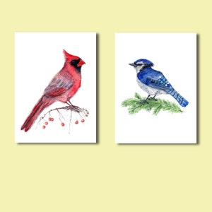 Watercolor Christmas Birds Set of 2 Art Prints of Original Watercolor Paintings - Winter holidays robin blue jay cardinal bluejay native