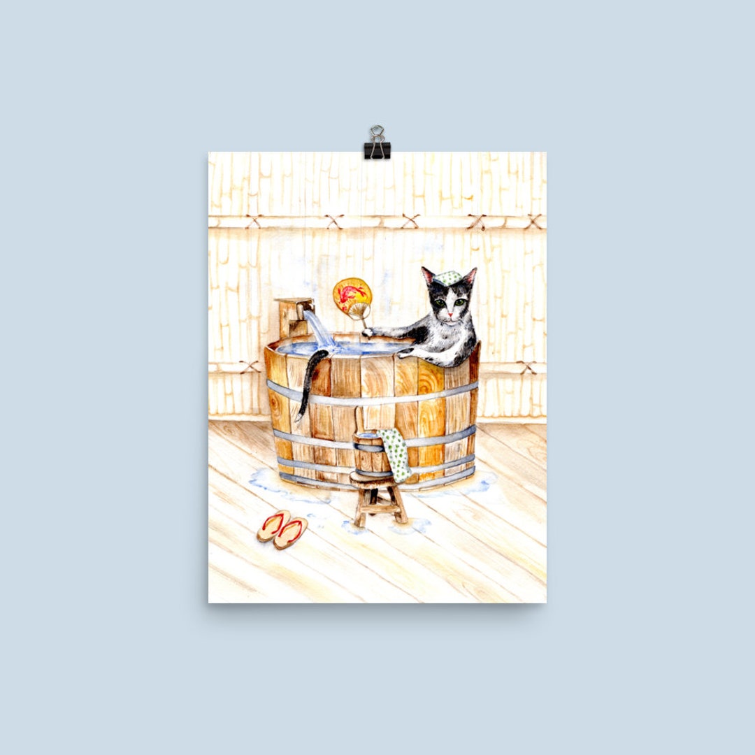 Cat in Onsen Bath: Watercolor Art Print - Japanese Bathroom Decor - Etsy