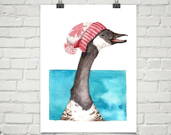 Canada Goose in Toque Watercolor Art Print: Canada Day Nursery Decor