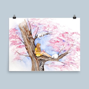 Czytając książkę na Sakura Tree-art Drukuj oryginalny obraz akwarela biały Koty miłość kwiat wiśni kapryśny, dzieci, wiosna, Dziewczyna