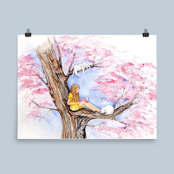 Reading Book on a Sakura Tree - Art Print of original Watercolor painting  white cats love cherry blossom Whimsical , children, spring, girl