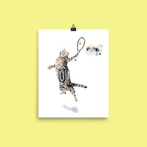 Cat Playing Tennis - Cat Art Print of Watercolor Painting - Nursery Wall Art Decor - sports - boy nursery decor
