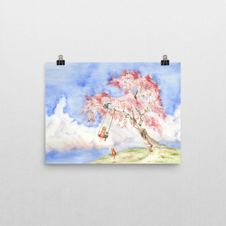 May include: A watercolor painting of a pink-flowering tree with a swing hanging from a branch. A child is swinging on the swing, and a small red bird is perched on a branch below. The sky is blue with white clouds.