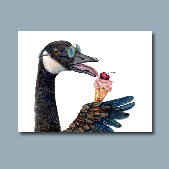 Canada Goose Eating Ice Cream Art Print of Watercolor Painting Geese Birds Vacation Summer Treat Etsy Australia