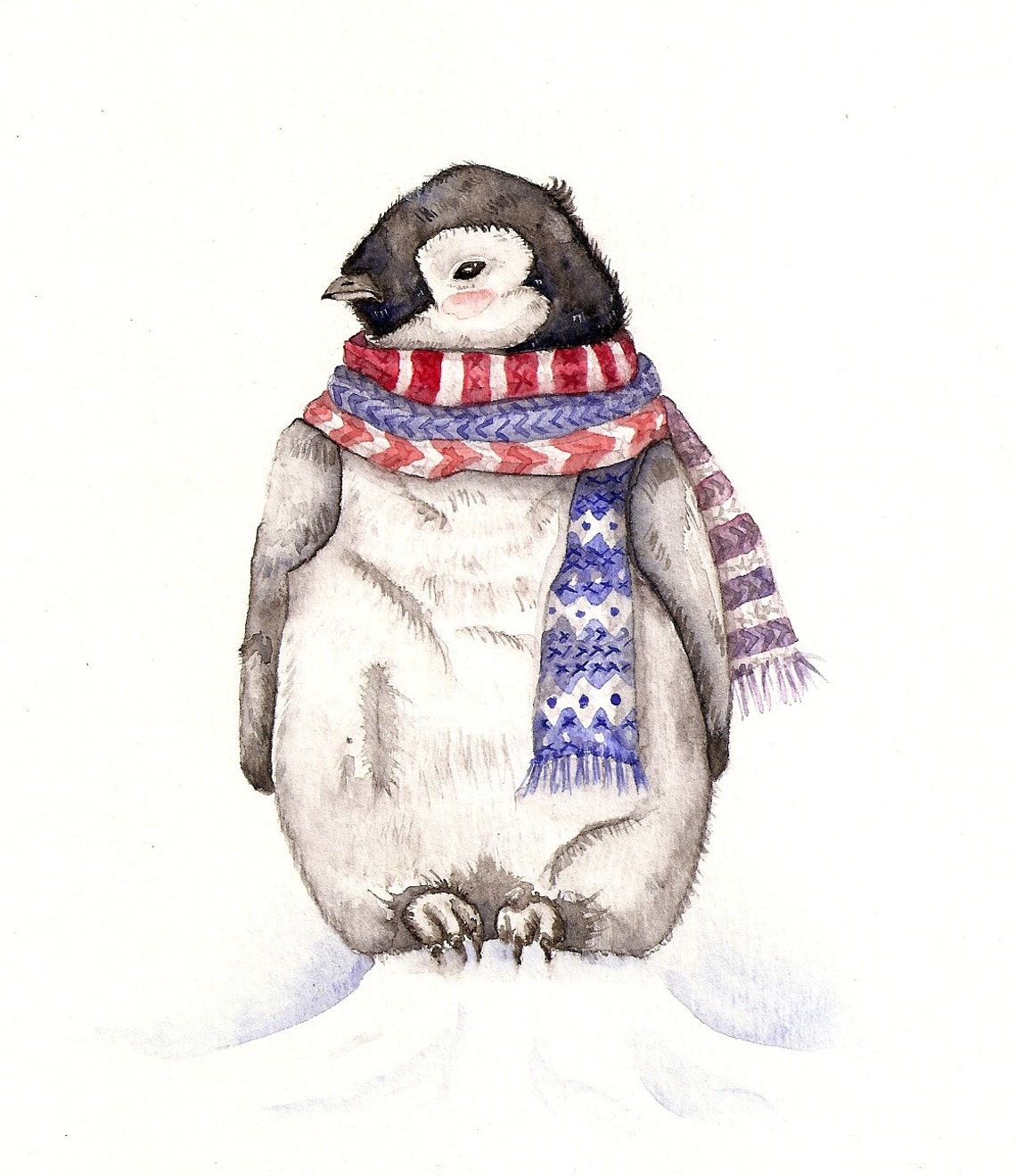 Baby Penguin in Red and Blue Scarf Art Print of watercolor | Etsy
