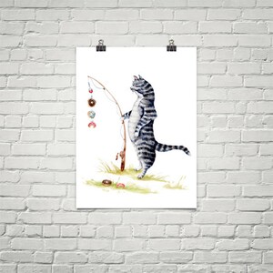 Cat with a Sweet Tooth - Watercolor Art Print - Whimsical Animal Art Decor, fishing art, fish, gifts for him, fathers day, sweets, donuts