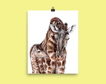 Giraffe mit Baby-Giraffe - Art Print von Original-Aquarell - moderne Safari kinderzimmerdekor, baby-Dusche Wildtier Familie Südafrika