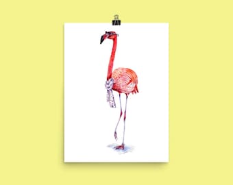 Funky Flamingo Art Print: Watercolor Bird with Sunglasses