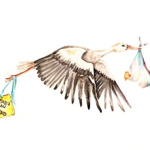 Baby on White Stork Bird with A Baby-On-Board Sign - Vintage Style Bird Heron Art Print of Watercolor Painting pregnancy announcement gender