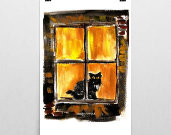 しっぽを追いかけて水彩画アートプリント - 8x10 | 猫、動物、絵画