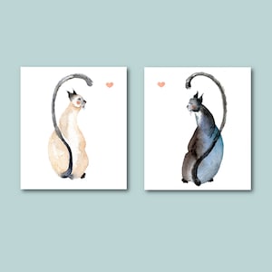 Cat Love Print Set of 2 - Two Art Prints of Watercolor wedding st valentine&#39;s whimsical nursery engagement romance love Siamese announcement