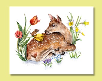 Frühling Hirsch und Ernte Maus - Original Aquarell Malerei - 10''x14'' Frühling viktorianische Blumen Tulpen Narzissen Schneeglöckchen Geschenke für Sie