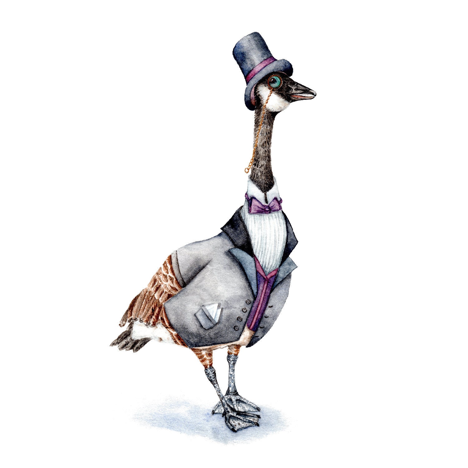 Victorian Gentleman Goose in a Top Hat Art Print of Original Watercolor Painting Steampunk
