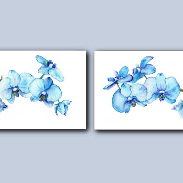 Aquarelle bleue orchidée Art Print lot de 2 bleu - tirages Art des peintures d’aquarelle originale - botanique fleur murale Art déco tropicale