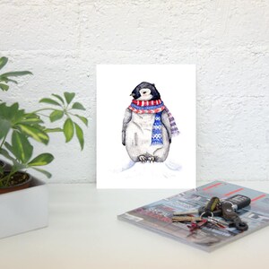 Baby Penguin in Red and Blue Scarf - Art Print of watercolor painting  christmas new year whimsical wildlife nursery baby shower