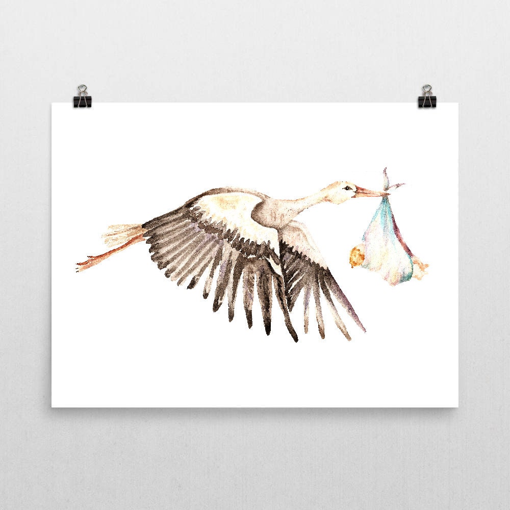 コウノトリと赤ちゃんの水彩画アートプリント：ヴィンテージ妊娠発表