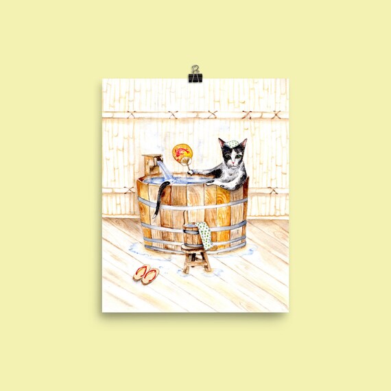 Chat En Japonais Bain Onsen Original Aquarelle Peinture 8 Etsy