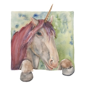 Einhorn - Kunstdruck des original Aquarell Malerei 8 x 10 Tierwelt Pferd Baby Dusche Kindergarten Pony Fantasie Märchen wunderliche magische Zauber