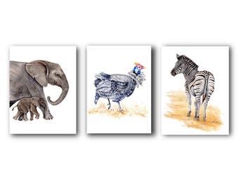 Aquarel safaridieren kunstafdrukken: muurdecoratie kinderkamer, set van 3
