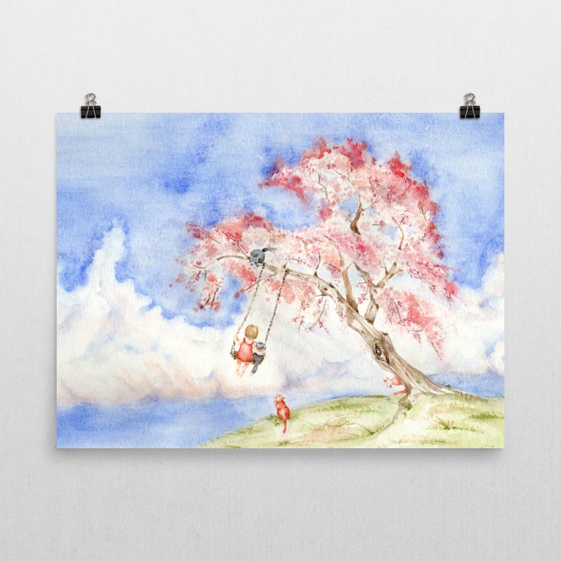 May include: A watercolor painting of a girl swinging on a swing under a pink flowering tree. The girl is wearing a red dress and has a cat on her lap. There is a red cat sitting on the ground below the swing.
