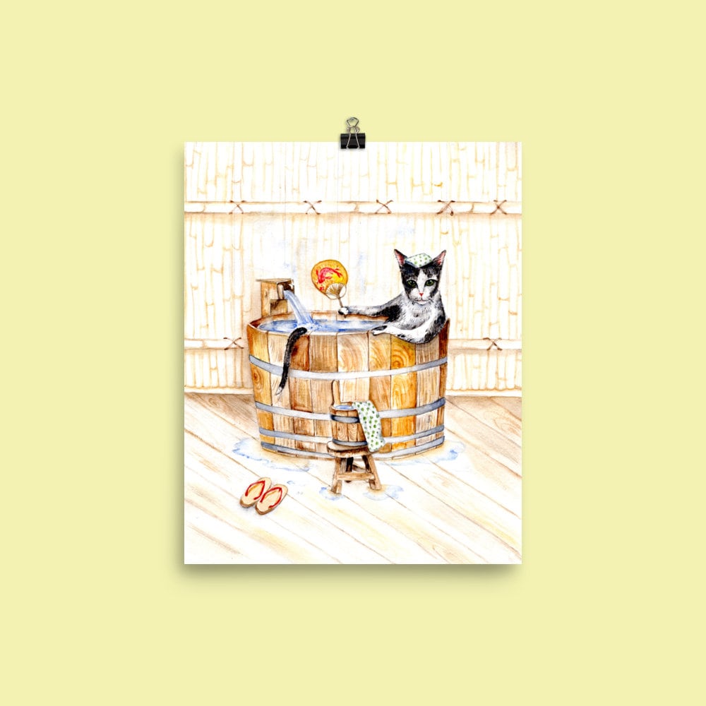 Cat in Onsen Bath: Watercolor Art Print - Japanese Bathroom Decor - Etsy