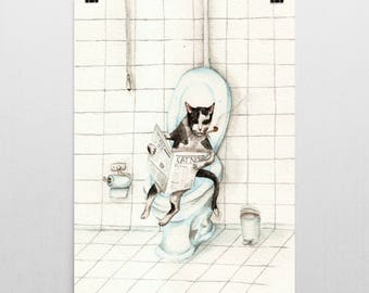 Tuxedo Cat Reading Newspaper Art Print: Funny Bathroom Decor