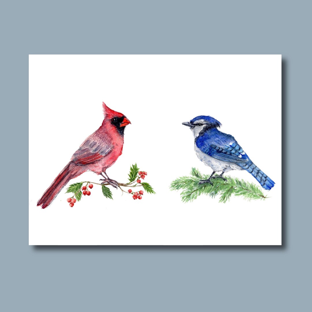 Cardinal and Blue Jay Art Print: Winter Birds Watercolor Painting - Etsy