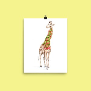 Giraffe in a Scarf - Art Print of watercolor painting animals whimsical nursery baby shower, cottage, cabin christmas new year warm