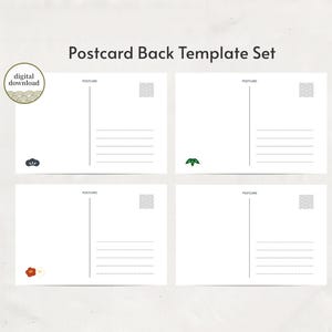 Könnte beinhalten: Ein digitaler Download eines Postkarten-Rückseiten-Vorlagensatzes. Das Bild zeigt vier weiße Postkarten mit Linien zum Schreiben und einem kleinen dekorativen Element in jeder Ecke. Der Text "Postcard Back Template Set" steht oben.
