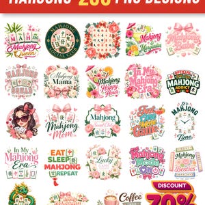 May include: A collection of 230 digital PNG designs featuring Mahjong tiles, floral arrangements, bows, and various text phrases like Mahjong Queen, Mahjong Mama, and Mahjong Social Club, presented in a grid layout with a 70% discount graphic.