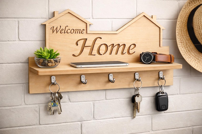Welcome Home Key Sign Welcome Home Key Holder SVG | Laser Cut Wooden Shelf Rack (digital ...