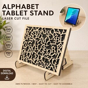 Laserskuret surfplatteställ SVG, iPad-hållare DXF, alfabetsstativ i trä för 3 mm plywood MDF akryl digital nedladdning