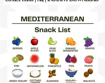 Lista de snacks de la dieta mediterránea, guía de alimentación saludable, PDF imprimible (descarga instantánea)