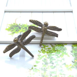 May include: Two bronze-colored dragonfly cabinet knobs. The knobs are detailed with wings and body segments. They are mounted on a white frame with a green and white background.