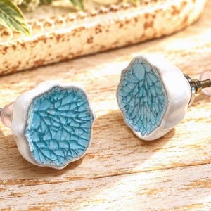May include: Two cabinet knobs with a white ceramic base and a light blue, crackled, irregular circular face. Each knob features a metallic threaded bolt with a small nut and a translucent washer attached to the back for installation.