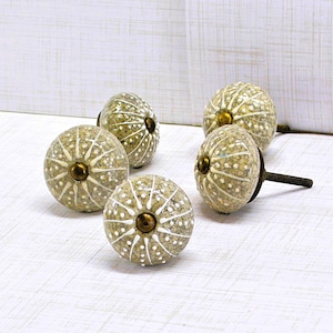May include: Five decorative cabinet knobs with a spherical design. The knobs are primarily beige with white dotted patterns and lines radiating from a central brass-colored screw. The knobs are arranged on a white surface.