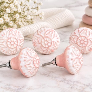 Pink and White Floral Knob, Embossed Furniture Knob, Nursery Flower Decor