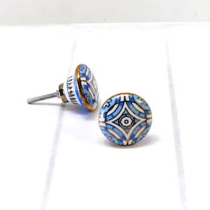 Art Deco Drawer Pull, Blue Furniture Knob, White Geometric Door handle