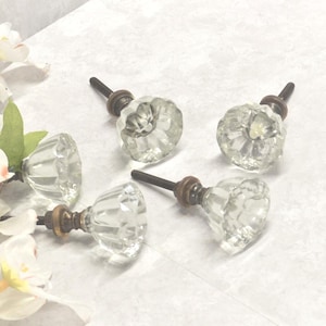 May include: Five clear glass cabinet knobs with faceted, flower-like designs. Each knob has a dark metal screw and a brass-colored base. The knobs are arranged on a white surface, with white flowers in the background.