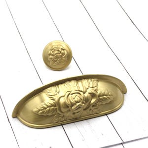 Brass Floral Cup Pull, Leaves and Flower Knob, 3 3/4" Inch Centers, Cabinet Hardware
