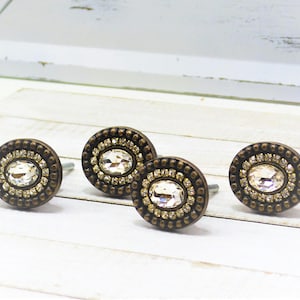 Antique Bronze Oval Knob with Rhinestones, Round Bling Drawer Pull