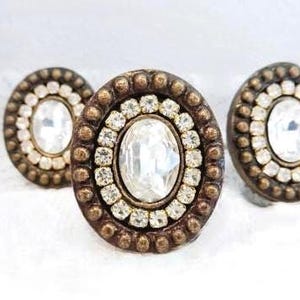 Antique Bronze Oval Knob with Rhinestones, Round Bling Drawer Pull