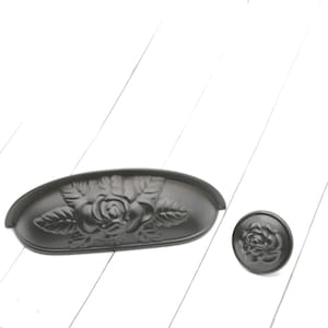 Bronze Floral Cup Pull, Leaves and Flower Knob, 3 3/4" Inch Centers, Cabinet Hardware