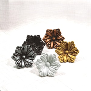White Floral knob, Silver Lily Drawer pull, Cabinet Hardware
